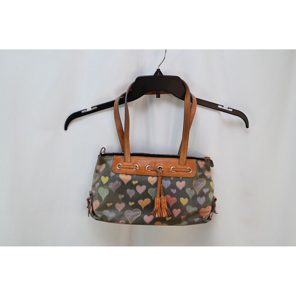 Dooney & Bourke Multi Color Heart Leather Small Shoulder Bag Tan Strap Gold Zip